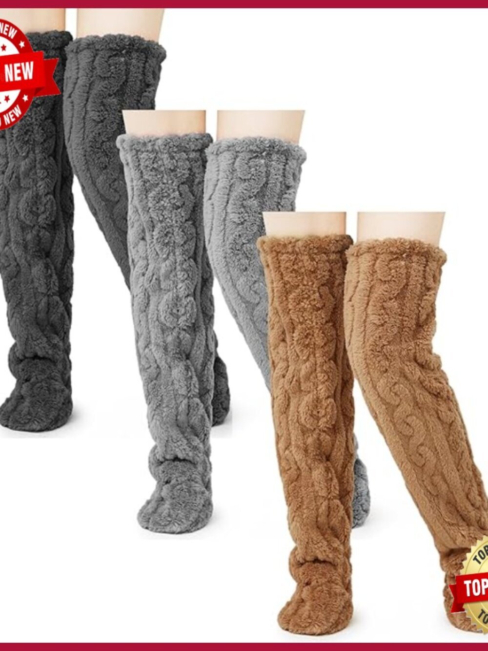 Over Knee Fuzzy Socks 3 Pair Plush Cable Knit Leg Warmers Cozy Slipper Socks